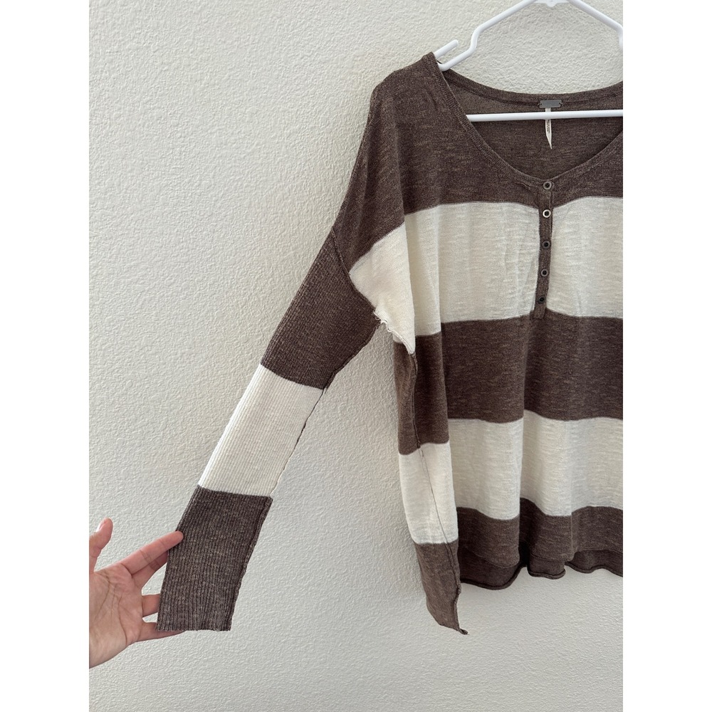 Free People Beach Brown Striped Linen Blend Henley Long Sleeve Top Size Small - Picture 3 of 7